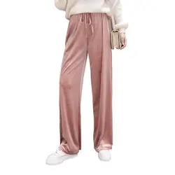 Розовые бархатные брюки с высокой талией 2018 осень-зима женские модные длинные эластичные талии велюровые брюки плюс размер бархатные