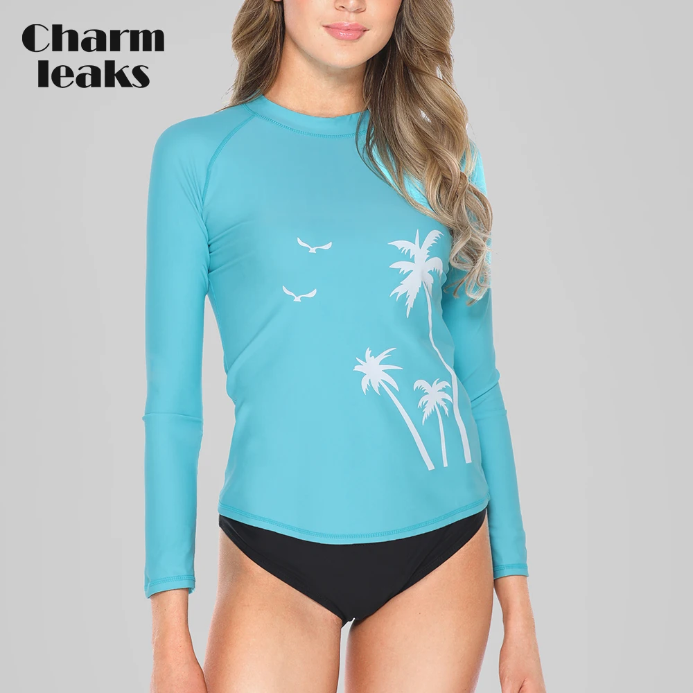 Charmleaks النساء ملابس السباحة طويلة الأكمام Rashguard ملابس تصفح أعلى ملابس السباحة تشغيل قميص المشي قمصان طفح الحرس UPF50 +