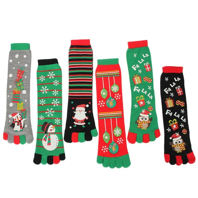 

KLV New Fashion Women Unisex Christmas Five Toe Finger Socks Colorful Snowman Cartoon Long Ankle High Quality