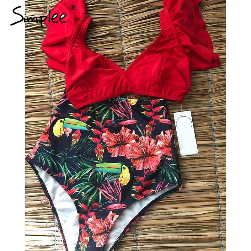 Simplee Vintage print two pieces women bra sets Deep v ruffles high waist bathing suit swimwear Push up sexy elegant lingerie