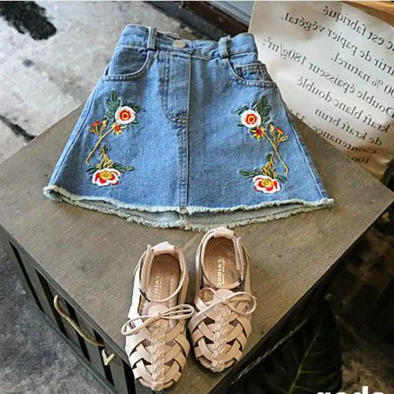 

2018 baby girl denim skirts flowers embroidery Cotton Jeans Skirt Kids Girls Summer Clothing Wear