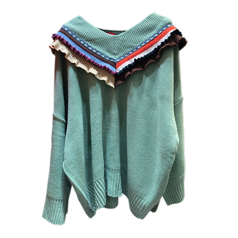 Осень новинка 2019 пуловеры со сборками корейский женский свитер стиль Дикий Модный женский свитер с v-образным вырезом Повседневные вязаные