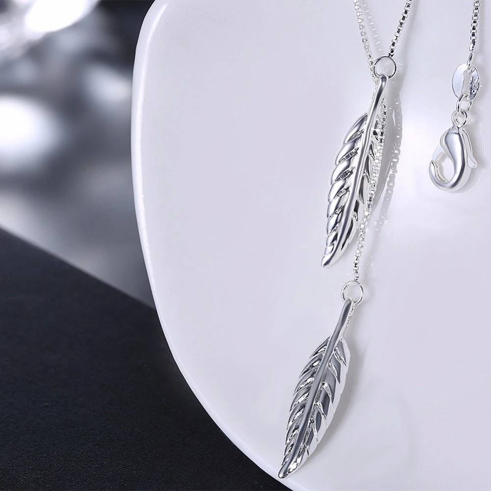 Серебряное ожерелье с цепочкой и подвеской в виде листьев, настоящее 925 однотонное серебряное ожерелье с перьями для женщин, подарок на Рождество