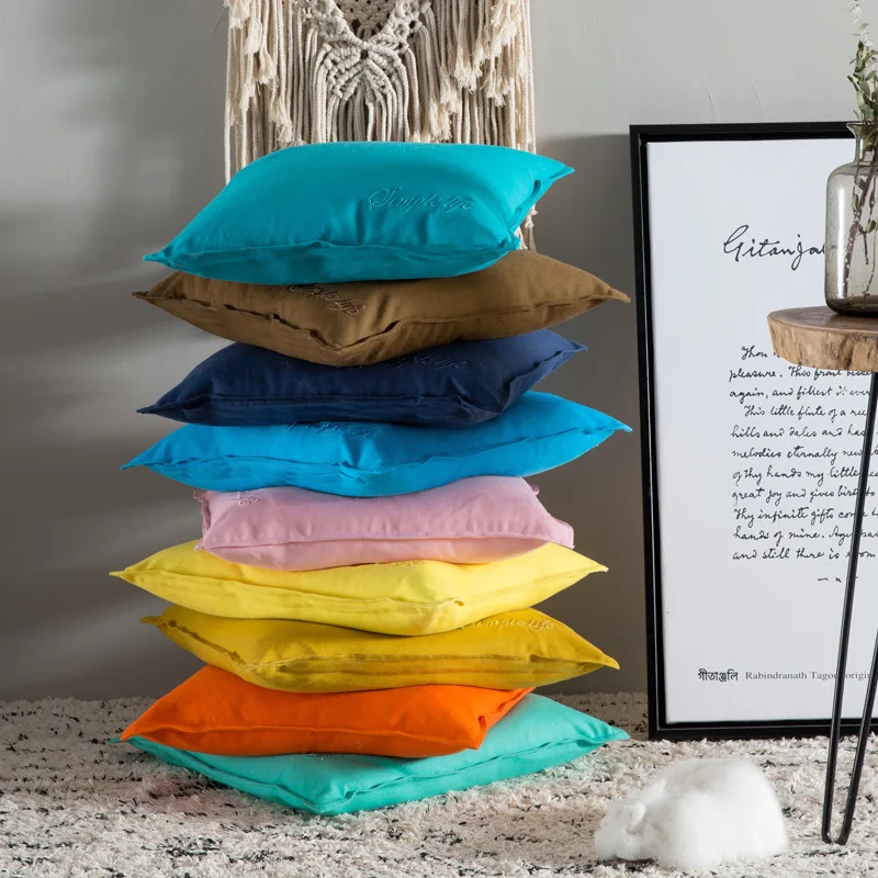 Дома DecorativeThrow подушки хлопок холст сплошной цветная наволочка японские цветной с буквами вышитая подушка крышка