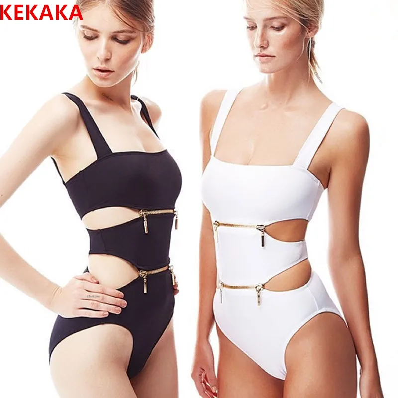 KEKAKA New 2018 Zipper One Piece Swimsuit Women Solid Black White 