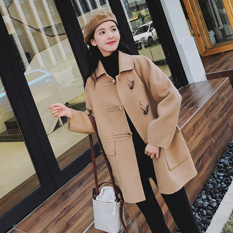

Preppy Style Short Coat for Women Turn-down Collar Wool Coat and Jacket Horn Button Wide-waisted Women Clothes 2018