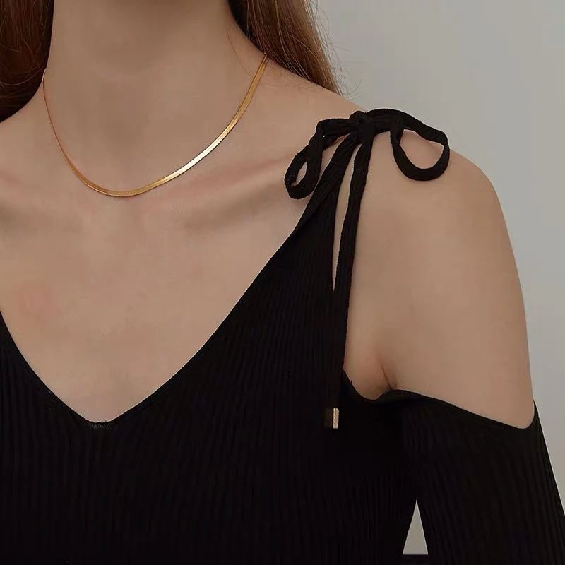 YUN RUO Gold Color Snake Chain Short Necklace Accessory Lace Titanium Steel Woman Jewelry Birthday Gift Never Fade Drop Shipping