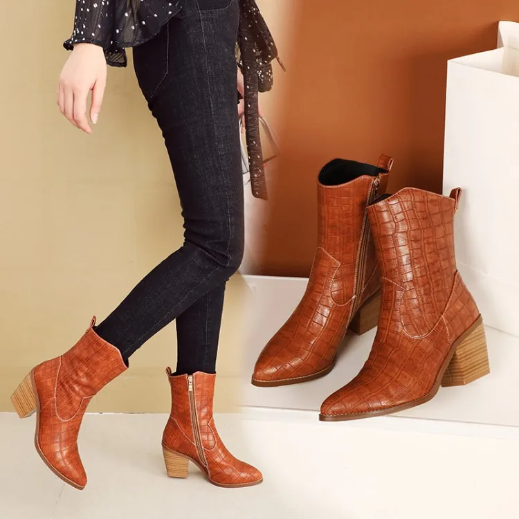 

PXELENA Ins Women Combat Gothic Ankle Boots Chunky High Heels Snake Print Western Cowboy Martin Boots Lady Shoes Big Size 34-43