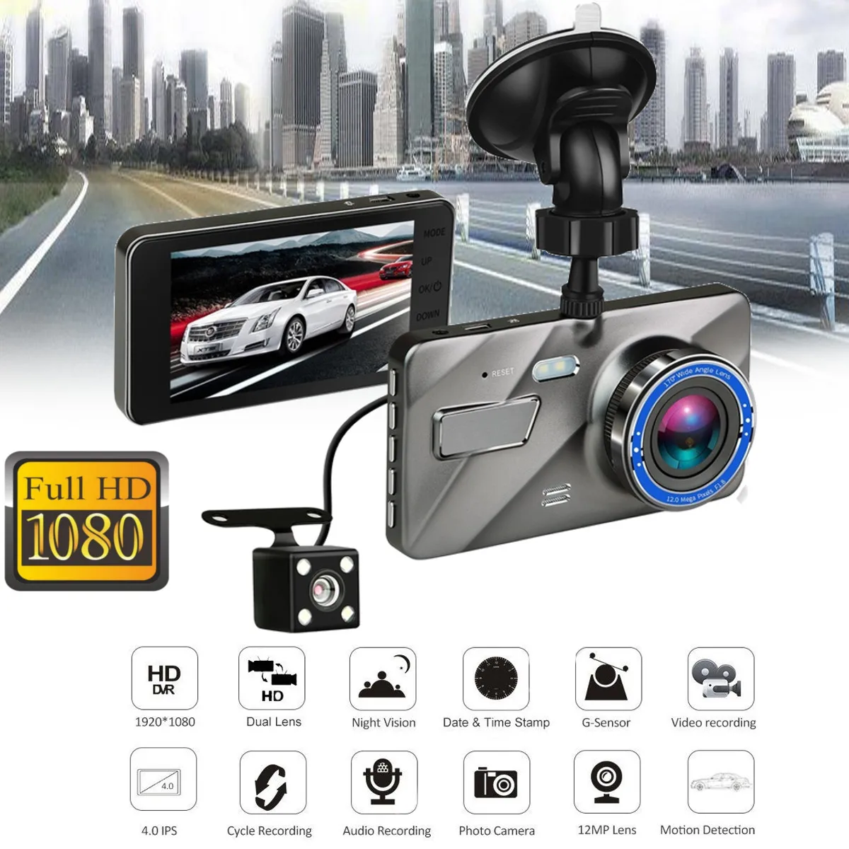 Dash Cam New Dual Lens Car DVR Camera Full HD 1080P 4 IPS Front+Rear Blue Mirror Night Vision Video Recorder Parking Monitor