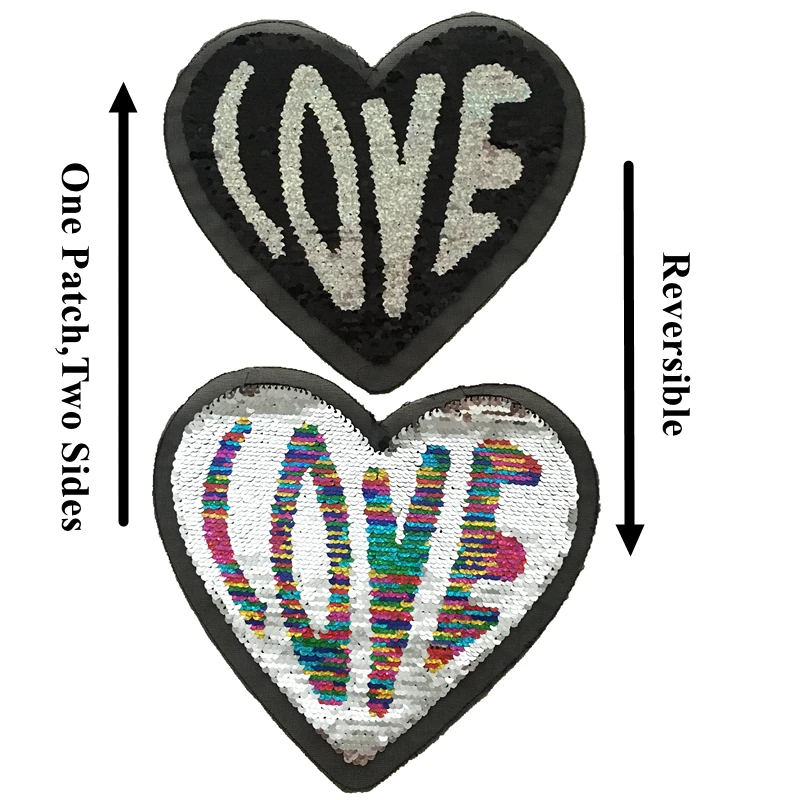 

2019 new Reversible LOVE Heart Shape Patches Sequined Sew on Patches for Clothing Love Heart-shaped Sequins Appliques 2pcs/lot
