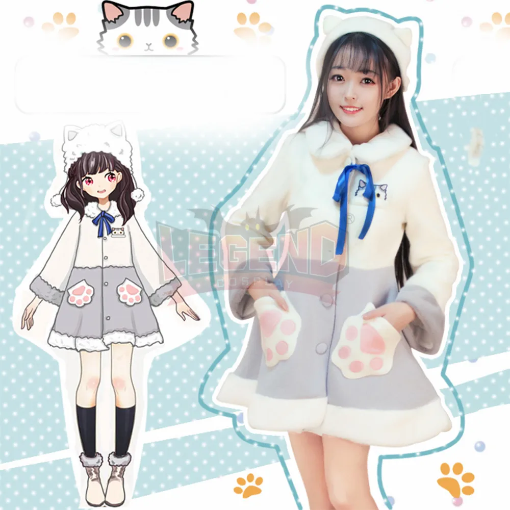 Неко Atsume с изображением кошки Неко накидка Косплэй взрослый костюм Топ особый стиль Длинная траншея зимняя куртка