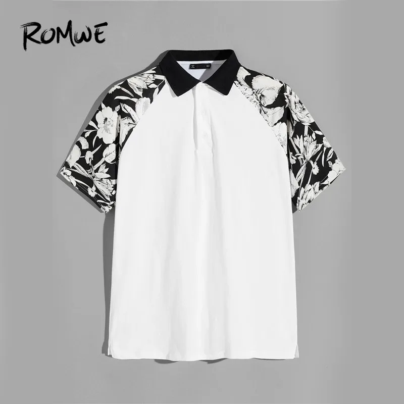 

ROMWE Men Botanical Floral Print Raglan Sleeve Buttoned White Poloshirts Male Stand Collar Half Placket Summer Polos Tops