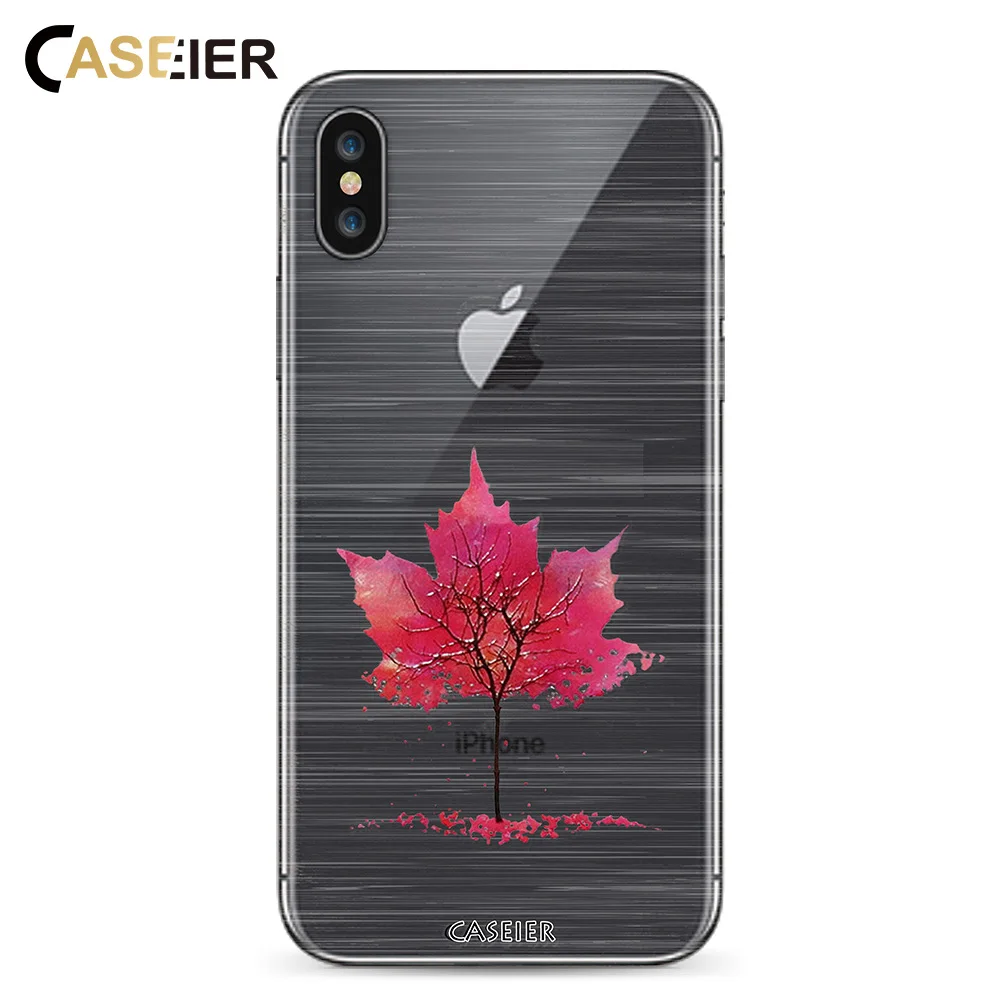 CASEIER Red Leaf Case For iPhone 6 6s Plus Silicone Cases 7 X 8 5 5s SE Soft Cover Ultra Thin Clear Capinha |