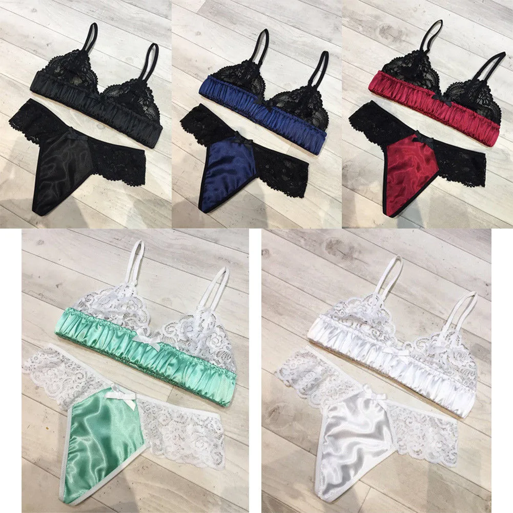 

2-Pc Women Fashion Sissly Sexy Deep V Lingerie Straps Bra and G-String Panty Set Lace Mesh Babydoll Sleepwear Femme Underwear