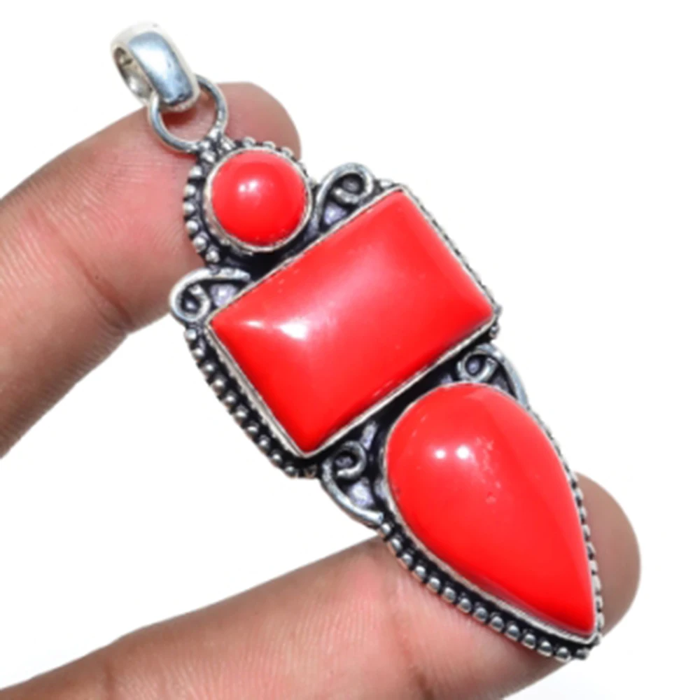 

Coral Pendant Silver Overlay over Copper Antique Pendant , 70 mm, P6149