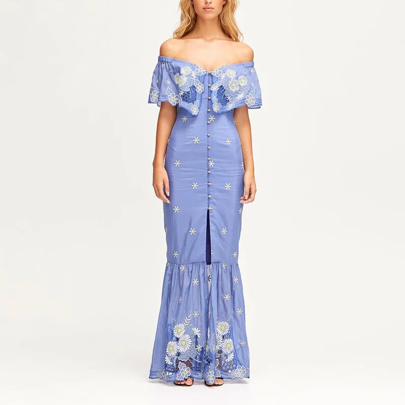 

Summer Elegant Blue Lace Embroidery Split Long Mermaid Party Dress 2019 Women Sexy Off Shoulder Maxi Dress Vestidos