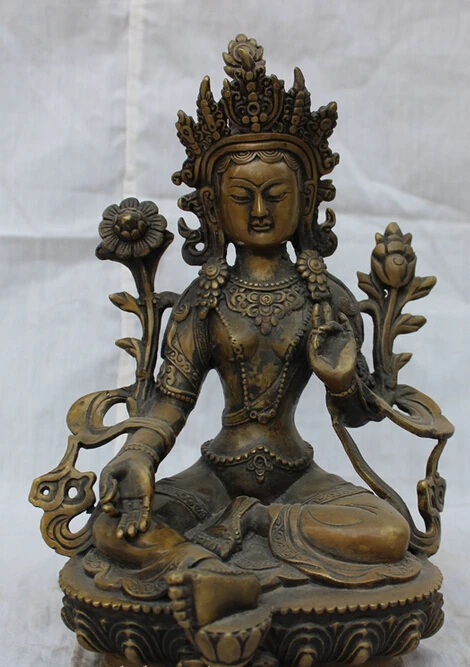 

song voge gem S3217 9" Tibet Buddhism Bronze Lotus Kwan-yin Goddess Green Tara Buddha Seat Statue