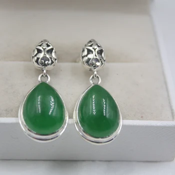 

Real Sterling S925 Silver Earrings Green Chalcedony Raindrop For Women Ladies Girl 36*12mm Dangle Earrings Hook