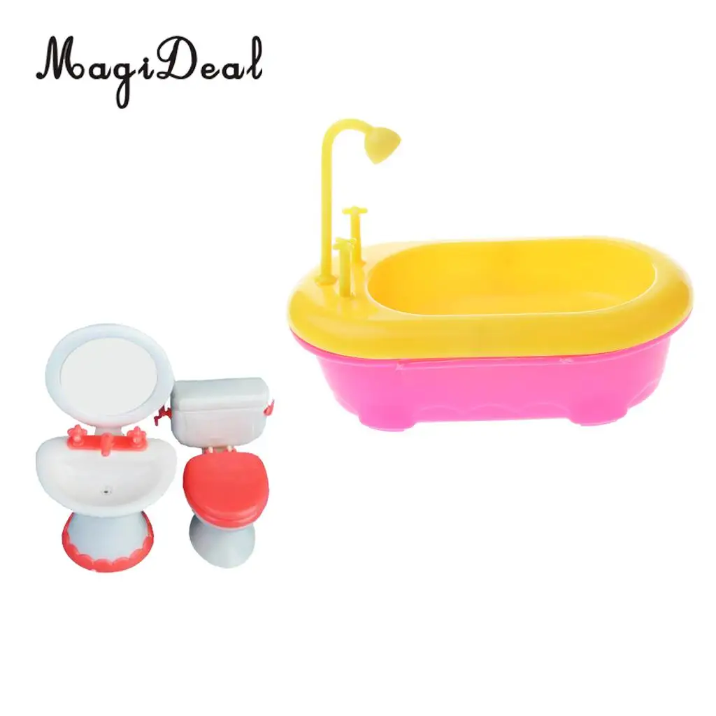 1Set Dollhouse Miniature Bathroom Set Bathtub Toilet Basin for Dolls House Accessory Kids Pretend Play Toys