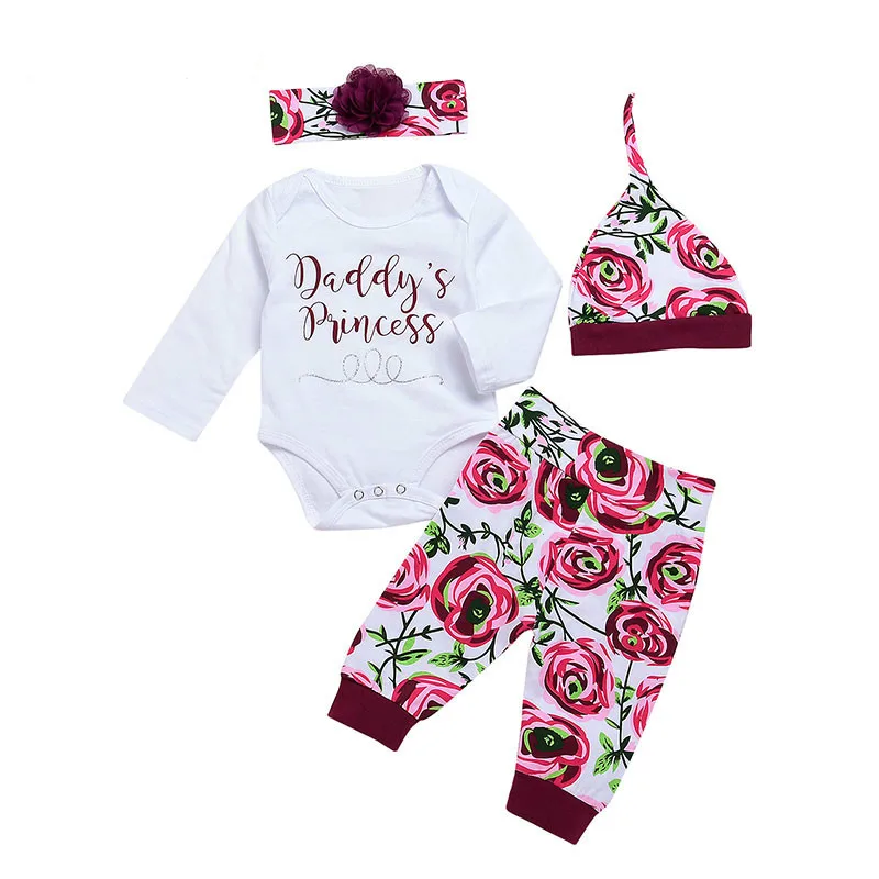 Комплект одежды для маленьких девочек, хлопковые боди с длинными рукавами + штаны с цветочным принтом + повязка на голову с цветочным
