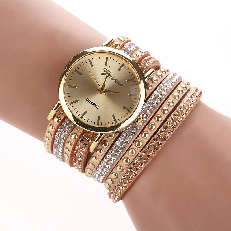 Модные роскошные кожаные часы-браслет с кристаллами и заклепками, женские кварцевые часы, повседневные женские наручные часы, Relogio Feminino, Прямая поставка# D