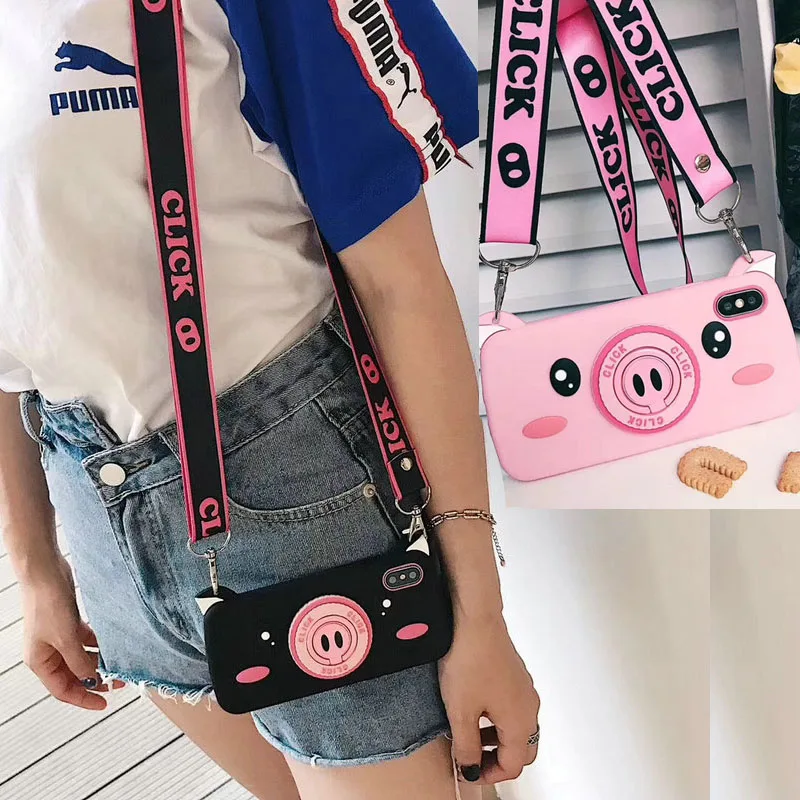 

cartoon pig silicone soft shell phone case cover for iphone 7 7plus 8 8plus 6 6plus 6S bracket function women lanyard