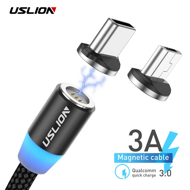 

USLION Micro USB Magnetic Cable Type-C Magnet Charger Phone Cable 1M 3A Fast Charging Android Type C Wire For Huawei P30 Samsung