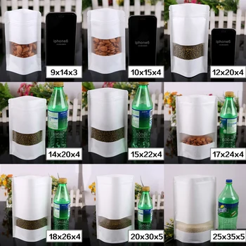 

100pcs/lot-7 sizes options White Kraft Paper Stand Up Zip Lock Bag with Clear Window Coffee Bean Tea Powder Food Party Gift Bags