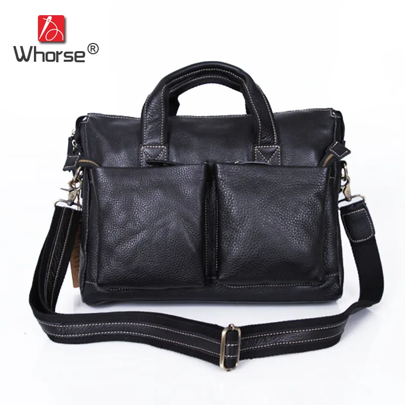 

Real Cowhide Mens Business Briefcase 14 inch Laptop Bag With 2 outer Pockets Genuine Leather Satchel Messenger Bags Men W092232