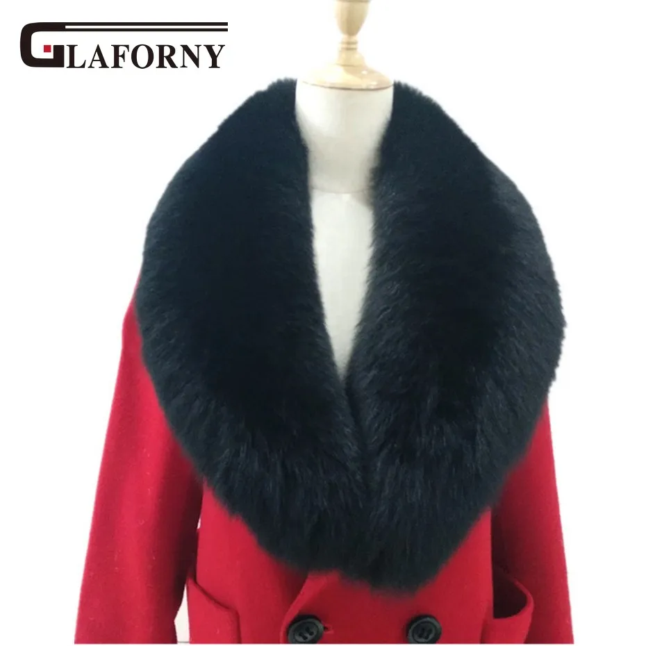 

Glaforny 2018 Genuine Fox Fur Collar Scarf 100CM Real Fur Wraps Super Luxury Black Color Woolen Coat Fur Collar Accessory