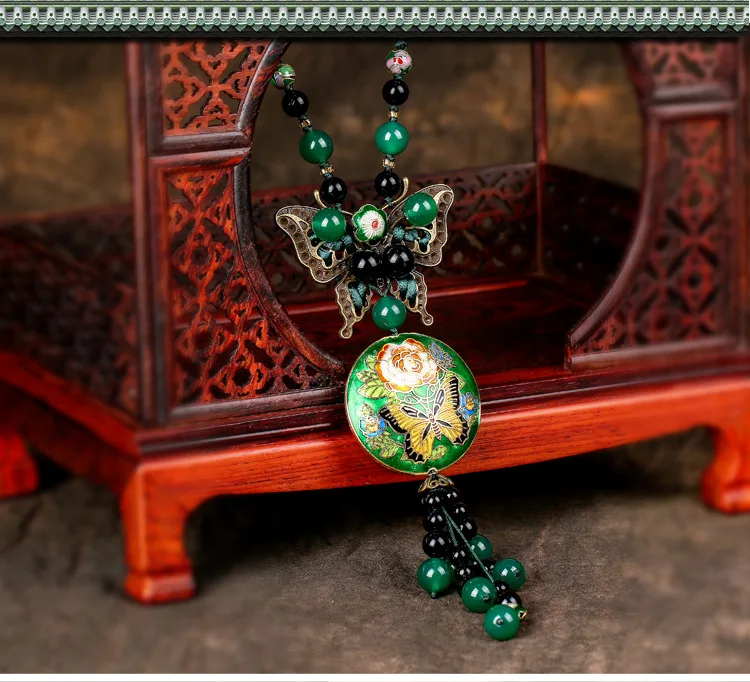 Оригинальное роскошное этническое ожерелье в технике клуазоне украшения с зеленым камнем, новое винтажное ожерелье-бабочка из латуни ручной работы
