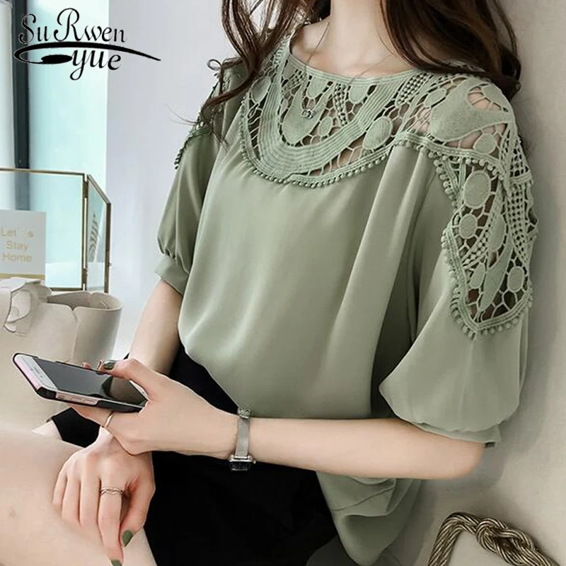 2018 الأزياء قصيرة الأكمام المرأة بلوزة قمصان الشيفون الصيف مثير الجوف خارج المرأة الملابس زائد حجم النساء قمم 0621 40