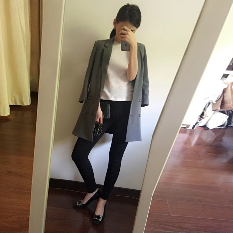 fashion black casual small suit female new spring long self cultivation slim Hem folds coat Women Blazers