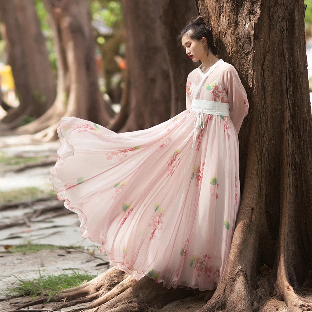 

Spring Summer Women Vintage Korean Pink Maix Dress Beach Casual Long-Sleeve Floral Bohemia Tencel Chiffon Long Dress vestidos