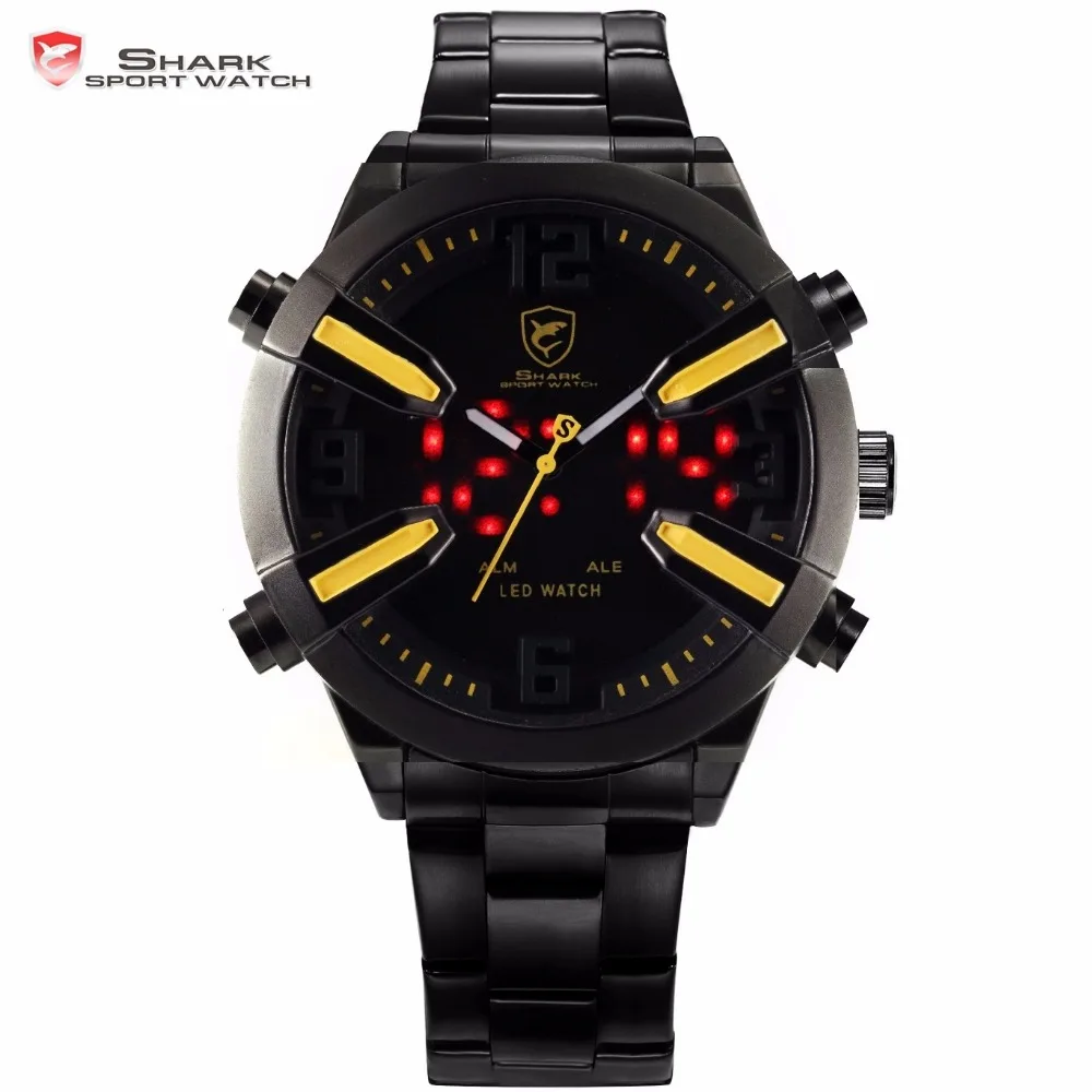 

Dogfish Shark Sport Watch Yellow Date Alarm LED Dual Time Stainless Steel Bracelet relogio masculino Men's Wrist Watches /SH322