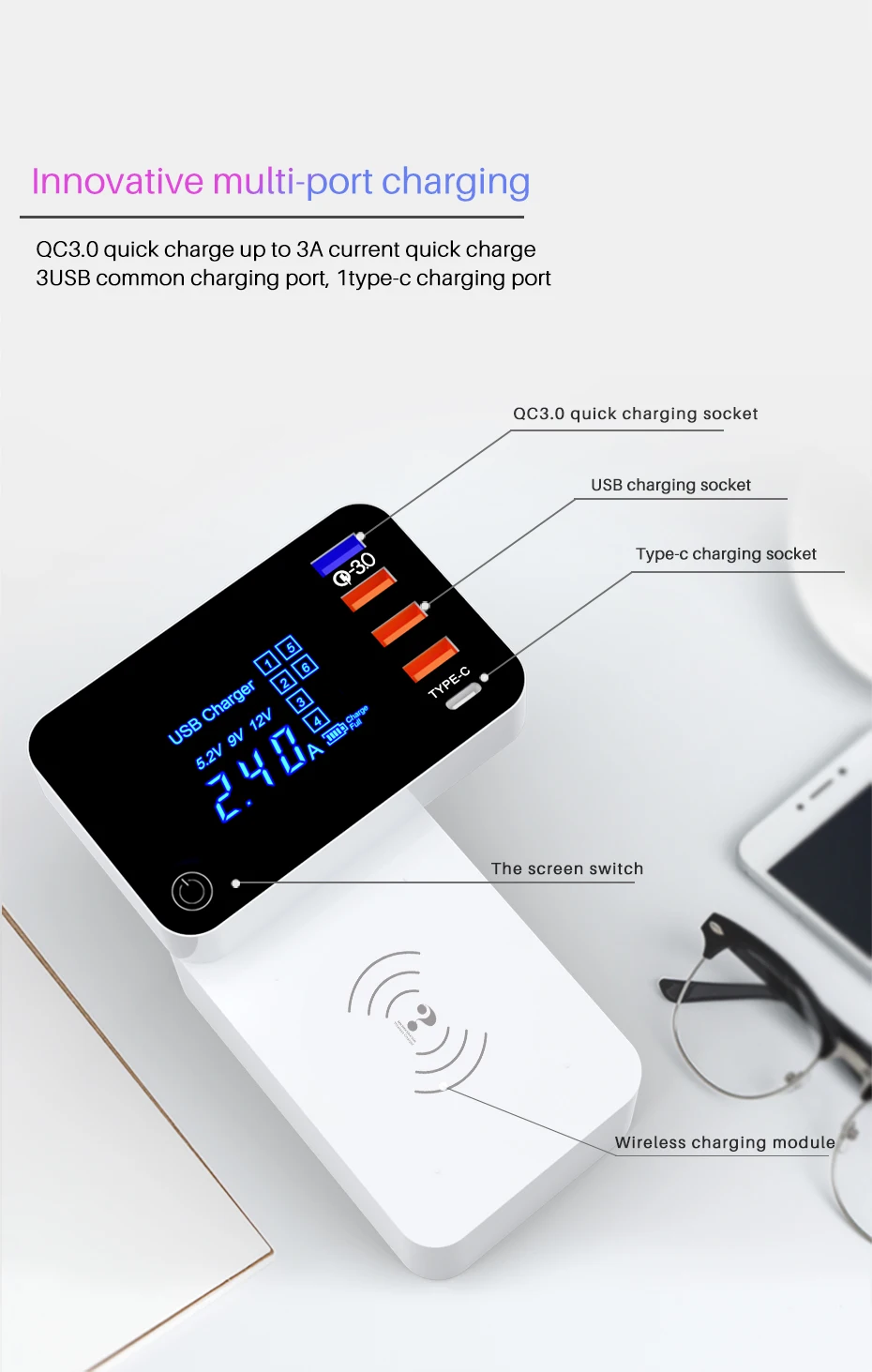 QI Беспроводное зарядное устройство Quick Charge type C 3,0 Смарт usb зарядная станция концентратор быстрое зарядное устройство адаптер для Xiaomi iphone x samsung s10