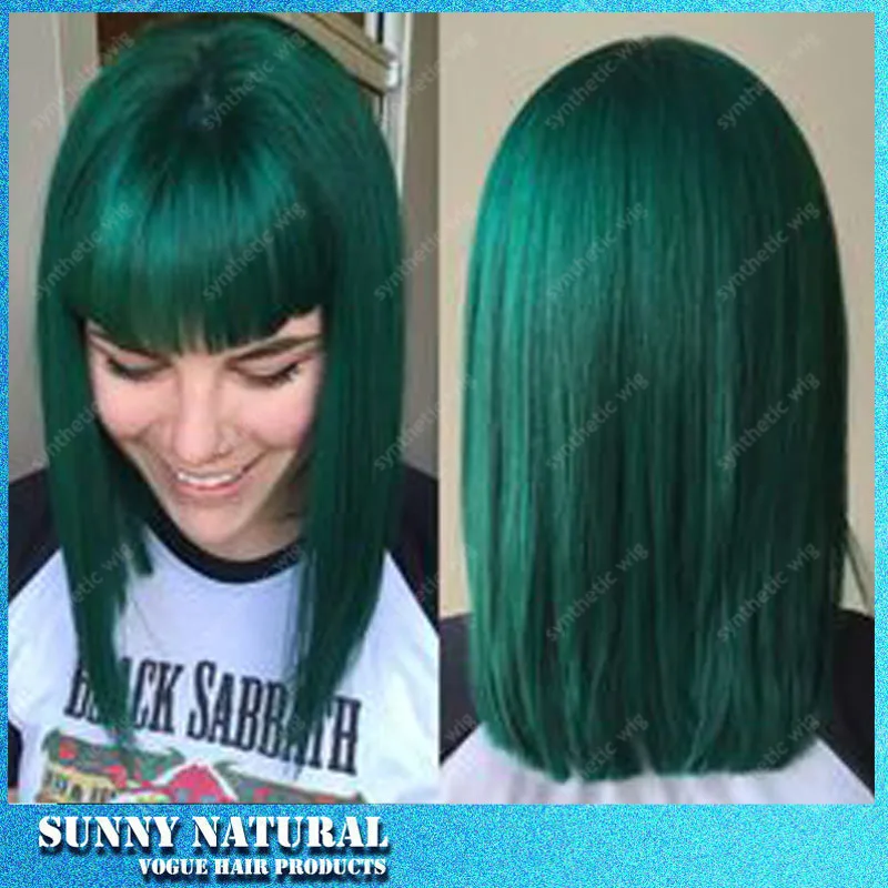 Kylie Jenner new hair style forest green ombre synthetic hair natural bob  wig black to green two tone color lace front wigs