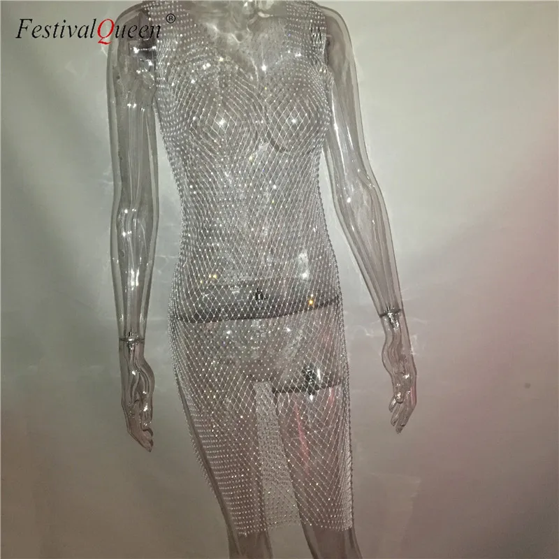 FestivalQueen сексуальное прозрачное Сетчатое платье в сеточку для женщин Роскошные Стразы выдалбливают эластичные высокого качества со стразами