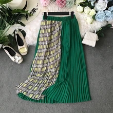 Новые модные женские юбки, летняя контрастная стеганая клетчатая юбка, длинная Плиссированная юбка