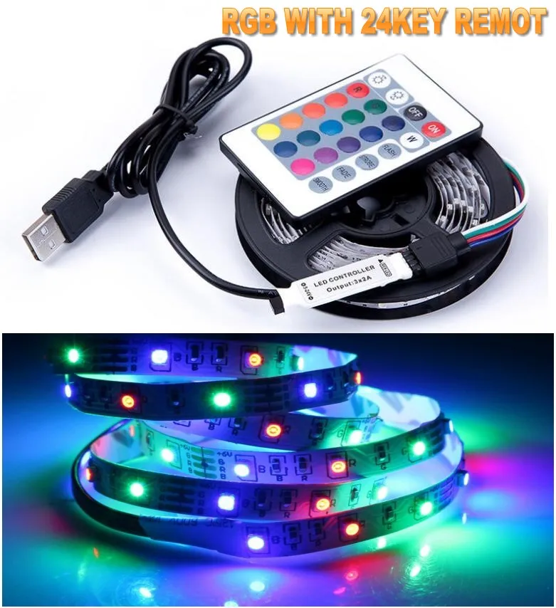 5 В USB RGB Светодиодная лента 60 Светодиодный s/m SMD 2835 3528 Светодиодный Диодная лента свет HD ТВ Настольный ПК экран подсветка 0,5 м 1 м 2 м 3 м 4 м 5 м - Emitting Color: RGB WITH 24KEY REMOT