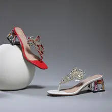 MORAZORA 2021 new genuine leather women slippers rhinestone square high heels Crystal summer shoes flip flops ladies shoes