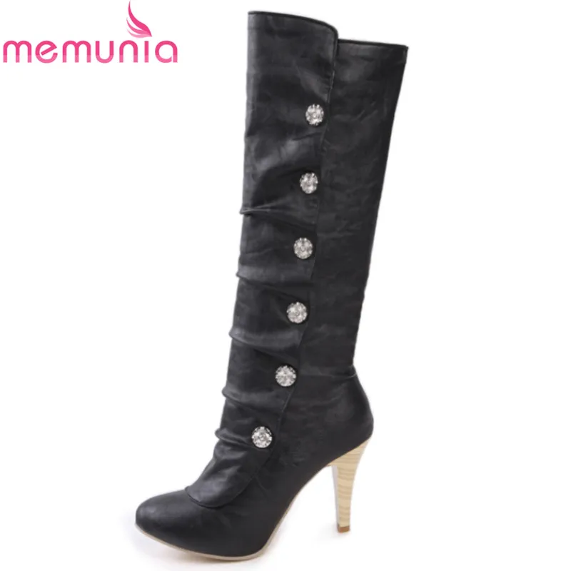 Goede MEMUNIA Big size 34 43 2018 herfst top kwaliteit knie hoge laarzen stiletto hoge hakken ronde neus PU soft lederen zwarte vrouwen laarzen