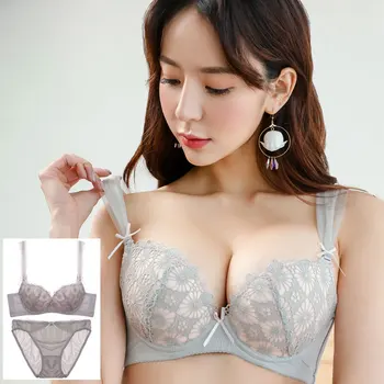 

Summer white embroidery lace bra set small chest brassiere gather yarn sleeve retro underwear sutian 3CM thick mold bralette