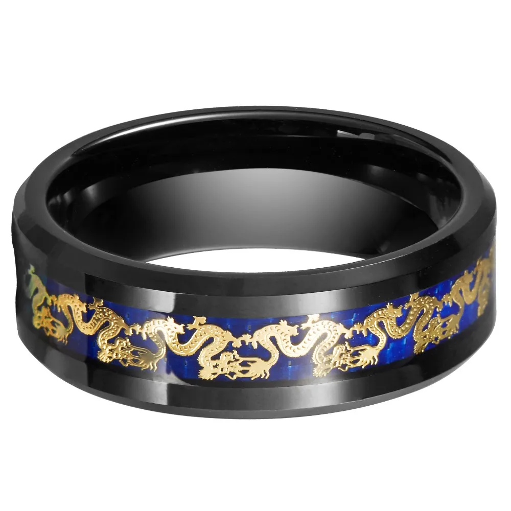 Queenwish 8mm Gold Dragon Black Tungsten Carbide Ring Blue Carbon Fibre background Mens Wedding Bands Jewelry