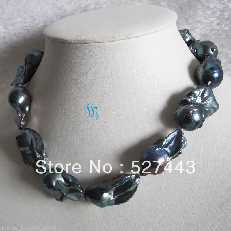 

Wholesale free shipping >>18" 15-18mm Peacock Blue Nuclear Freshwater Pearl Necklace Huge AA Grade