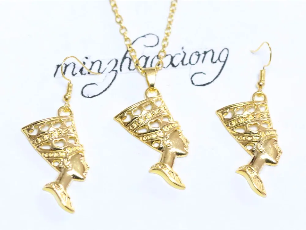

Women Jewelry Set Gold Egyptian Egypt Queen Nefertiti Charms Dangle Earrings & Pendant Necklace Sets Gift