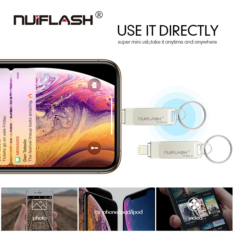 Nuiflash Usb флеш-накопитель 8 ГБ, 16 ГБ, 32 ГБ, 64 ГБ, 128 ГБ, флеш-накопитель, карта памяти для iphone 8, 7 Plus, 6, 6 S Plus, 5S, ipad, флешка