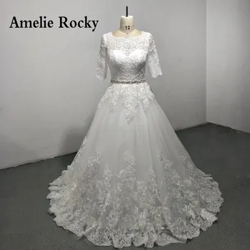 

Vestidos De Noiva 2019 Cheap Bridal Dress with Half Sleeves Corset Back Lace Wedding Gown with Beads Casamento