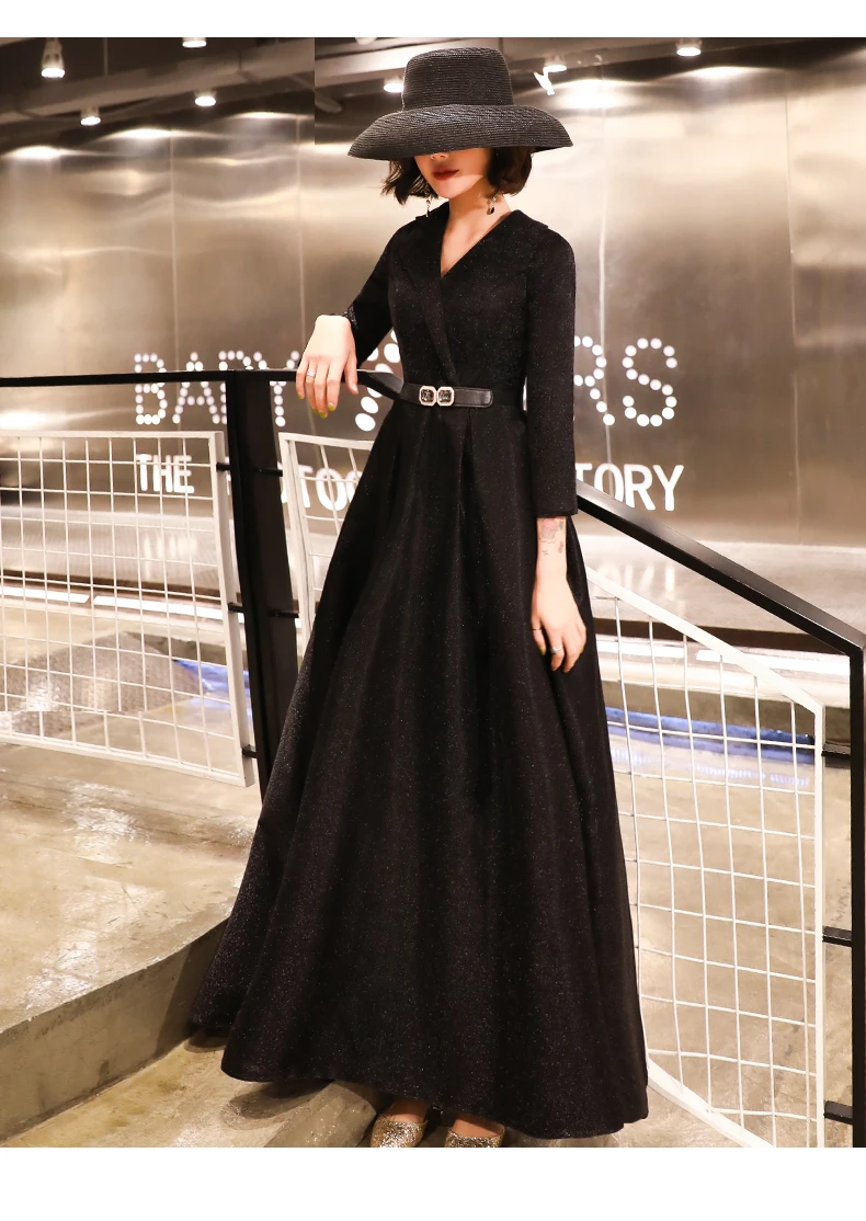 Robe De Soiree вечернее платье черное с v-образным вырезом и длинным рукавом Вечерние платья длинное платье LYFY137