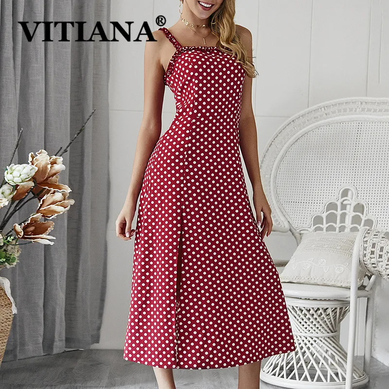VITIANA Women Sexy Party Dress Summer 2019 Female White Dot Print A-Line Long Beach Slip Dress Ladies Office Work Clothes VITIANA Women Sexy Party Dress Summer 2019 Female White Dot Print A-Line Long Beach Slip Dress Ladies Office Work Clothes
